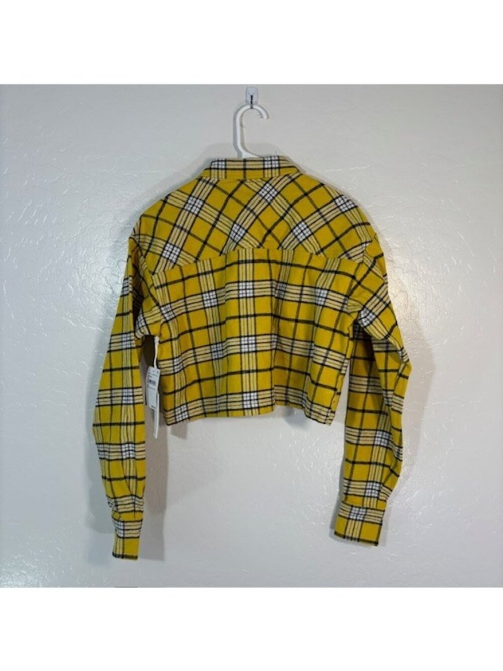 Good American Women's Flannel Size 0 Cropped Plaid Shirt Yellow & Black NEW - Picture 7 of 7